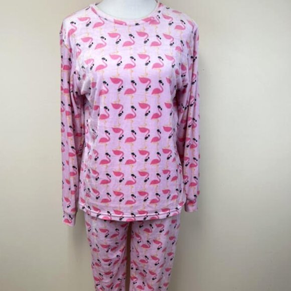 Frankie & Johnny S Pink Flamingo Velour Pajama Set Soft Shirt Jogger Pants - Picture 1 of 8